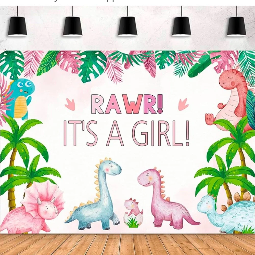 Rawr! It’s a girl! Backdrop for dinosaur baby shower, NEW,pink green blue,5 x 7￼